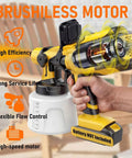 Cordless paint sprayer with brushless motor, flexible flow control, 1400ml tank for home jobs, battery not included.