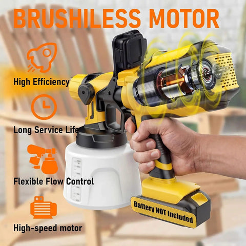 Cordless paint sprayer with brushless motor, flexible flow control, 1400ml tank for home jobs, battery not included.