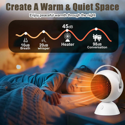 Two Pack Ceramic Space Heaters For Indoor Use 1200W Portable Electric Heaters With Overheat And Tip Over Protection Quiet Desk Heaters For Bedroom And Office Fast Heat In Seconds beside sleeping child