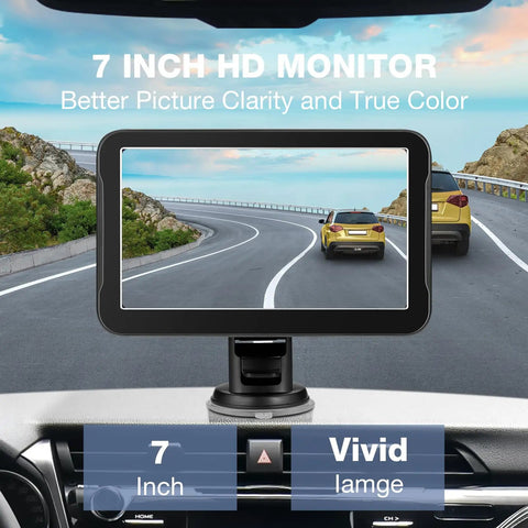7 Inch Backup Camera Monitor Display for Cars Trucks SUVs Vans RVs Trailers and Campers with crystal clear HD image on dashboard.