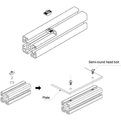 Diagram showing installation of 50 Pack 4040 Series M8 Hammer Head T Slot Nuts for 40 Series Aluminum Extrusion Nickel Plated Carbon Steel Fasteners