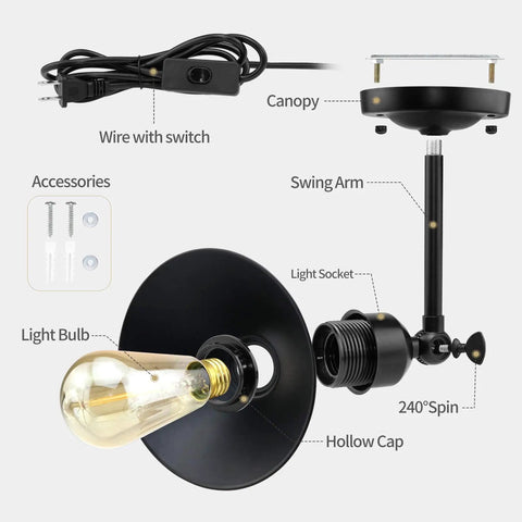 Plug In Black Wall Sconce Two Pack With Antique Swing Arm Industrial Style Lamp No Fuss On Off Cord Switch E26 Base Durable Fixture overview