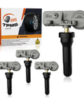 Drop In Ready 315Mhz Tire Pressure Sensors 4Pack Preprogrammed For Gm Vehicles Replaces 13581558 Buick Cadillac Chevrolet Gmc Saab, showing sensors and packaging.