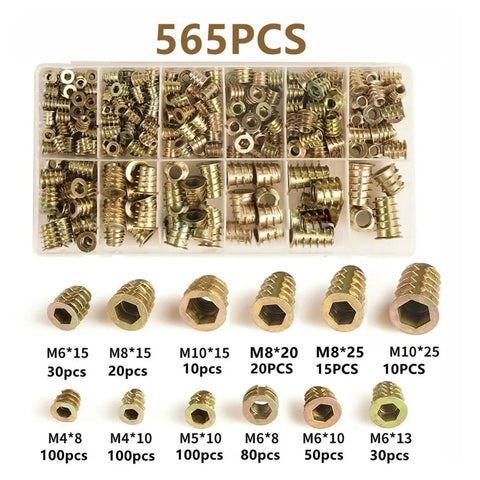 Pro Grade Zinc Alloy Screw In Insert Nuts Assortment M4 M6 M8 M10 Flanged Hex Drive 565 pcs in divided storage box.