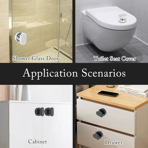 Two Piece Suction Cup Handle Set For Shower Glass Doors And Cabinets No Drill Removable Knob shown on shower door, toilet, cabinet, drawer