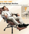 Man lounging in Big And Tall Heavy Duty Reclining Office Chair With Footrest 400 Lb Capacity Brown Leather Executive Desk Chair For Office Use Managerial Lounge Style Fully Adjustable Backrest From 90 To 160 Degrees For Work Or Relaxation.