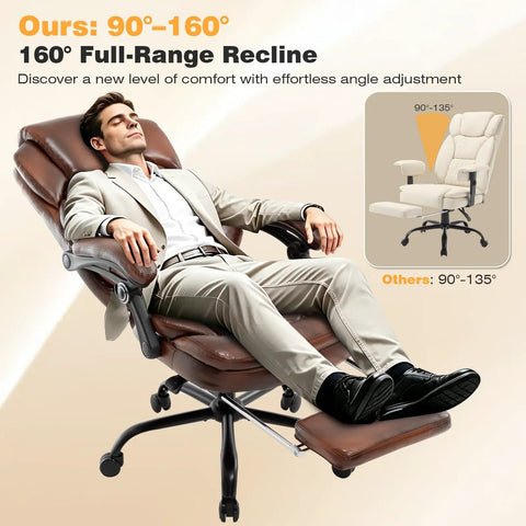 Man lounging in Big And Tall Heavy Duty Reclining Office Chair With Footrest 400 Lb Capacity Brown Leather Executive Desk Chair For Office Use Managerial Lounge Style Fully Adjustable Backrest From 90 To 160 Degrees For Work Or Relaxation.