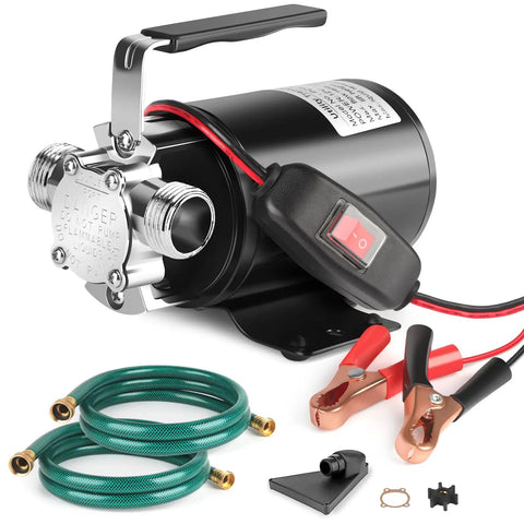 12V Portable Water Transfer Pump 330 GPH High Flow With On Off Switch One Tenth HP Electric Utility Pump Kit and two 6 ft hoses