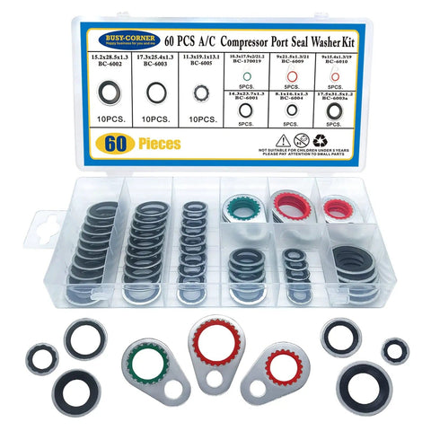 All In One Car AC Compressor Gasket Seal Kit with O Rings Dust Caps Valve Cores and Remover Tool for R12 R134a in open box