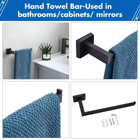 Built To Last 4 Piece Matte Black Stainless Steel Bathroom Hardware Set with 24 Inch Towel Bar mounted with blue towel.