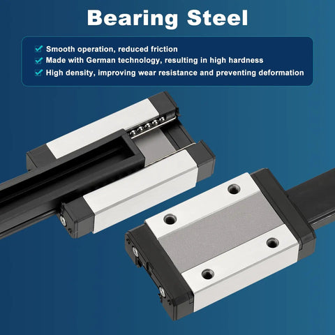 Close-up of 450mm MGN12 Linear Sliding Rail Kit with MGN12H Carriage Block showing bearing steel components and construction.
