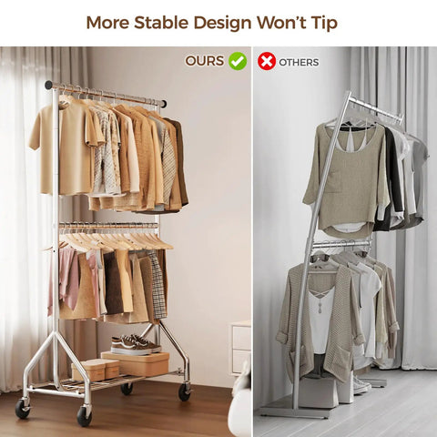 Kickass Durability Double Rod Clothes Rack, Rolling Garment Stand With Zero Hassle Setup, Heavy Duty Freestanding Closet Organizer For Bedroom Or Laundry, Space Savvy Two Tier Build In Sleek Silver
