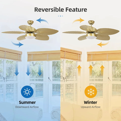 Tropical Ceiling Fan With Light And Remote 52 Inch Palm Leaf Blades Indoor Outdoor Gold Finish Color Changing LED Lights