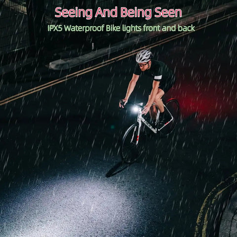 Cyclist riding at night with 3000 Lumen Super Bright Bike Lights Front And Rear With 5200mAh Battery USB Rechargeable Night Riding Kit