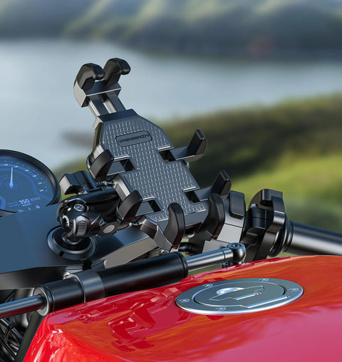 Motorcycle Fork Stem Phone Mount With Vibration Dampener And Anti Shake For A Rock Solid Grip One-Handed Operation installed on motorcycle