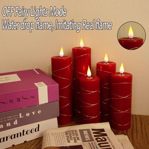 Red Flameless Candle Set With Remote Control Battery Powered LED Candles With String Lights In 4 5 6 7 8 Inch Sizes 5 Pieces