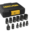 Torx Socket Set 13-Piece E4 Through E20 With Chrome Vanadium Steel and Heavy-Duty Storage Case displayed with sockets and adapters