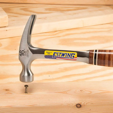 Sixteen Ounce USA Made Straight Rip Claw Hammer With Smooth Face And Genuine Leather Grip on wooden surface