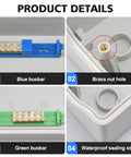 Heavy Duty 12 Way Power Distribution Box With Premium Abs Plastic Enclosure For Home Wiring showing blue and green busbars, brass nut hole, and sealing strip.