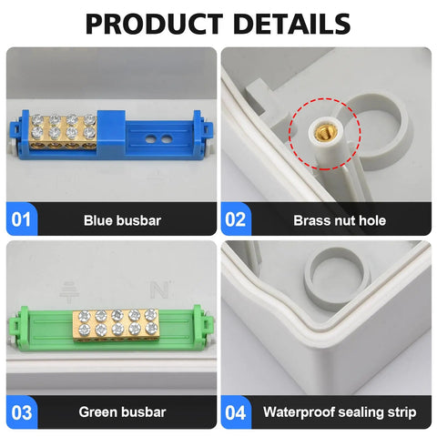 Heavy Duty 12 Way Power Distribution Box With Premium Abs Plastic Enclosure For Home Wiring showing blue and green busbars, brass nut hole, and sealing strip.