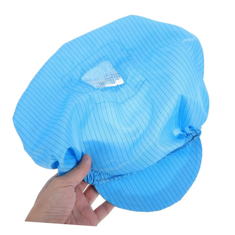 Blue Anti Static Work Caps 5 Pack Breathable Polyester Mesh Hat Lightweight Dustproof Headwear For Industrial Floors And Kitchen Shifts No Sweat Design shown held in hand.