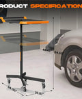 Mobile Rolling Tool Cart With 8 Adjustable Heights From 34.25 To 48.03 Inches Adjustable Work Bench For Garage 110 Lb Capacity On Wheels Multi Scene Work Table In Orange Easy Glide Swivel Wheels And Locking Casters shown with height dimensions next to a car in a garage.