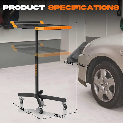 Mobile Rolling Tool Cart With 8 Adjustable Heights From 34.25 To 48.03 Inches Adjustable Work Bench For Garage 110 Lb Capacity On Wheels Multi Scene Work Table In Orange Easy Glide Swivel Wheels And Locking Casters shown with height dimensions next to a car in a garage.