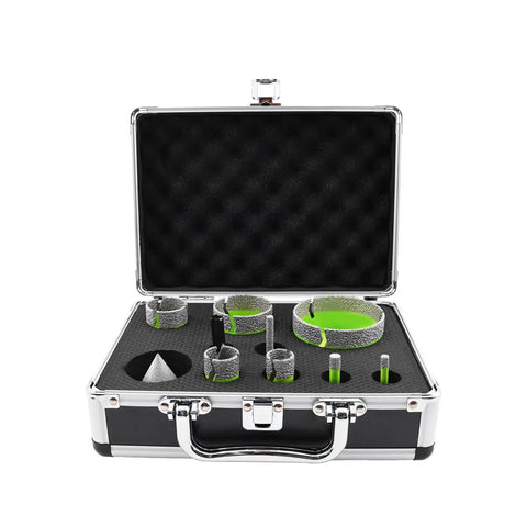 Diamond Core Drill Bit Set For Porcelain Ceramic Tile Granite Marble, Pro Grade 10 Piece Hole Saw Kit in open carrying case
