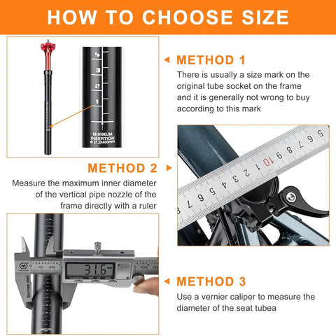 Guide on choosing Shock Absorbing Bike Seatpost 31.6 X 400mm size using ruler and caliper illustrations