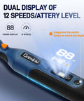 Cordless Rotary Tool Kit Mini 7.4V USB Rechargeable 12 Speed Power Drill with dual display showing battery and speed levels.