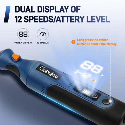 Cordless Rotary Tool Kit Mini 7.4V USB Rechargeable 12 Speed Power Drill with dual display showing battery and speed levels.