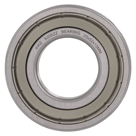 XiKe 6205ZZ bearing front view, 25x52x15mm, double sealed, chrome steel