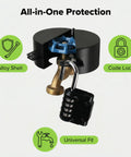 Hardcore Gate Valve Locking Device With Password Lock on hose, metal black, weatherproof, anti-theft protection close-up view