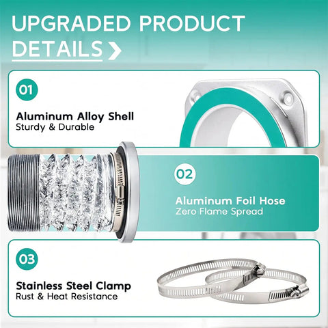 Magnetic Dryer Vent Connector Kit With Airtight Quick Connect For Four Inch Hose showing aluminum shell, foil hose, and clamps