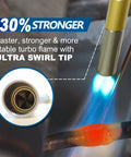 Push Button Propane Torch Head With Adjustable Flame And Continuous Flame Lock One Hand Ignition in use with turbo flame
