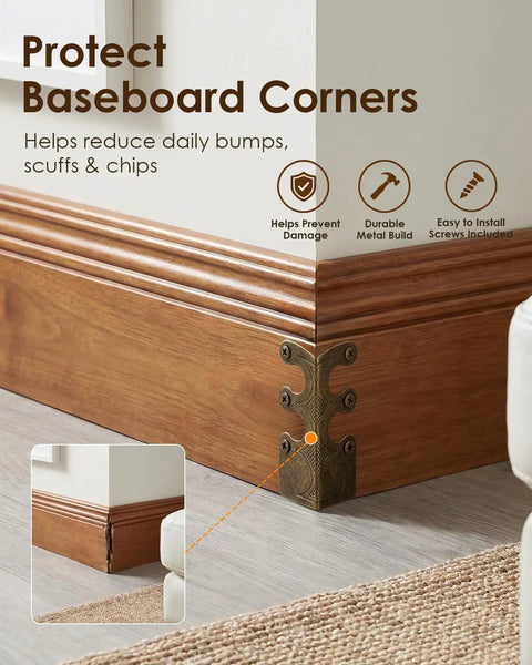 Built Like A Tank Solid Brass Wall Corner Guards Heavy Duty Bronze Baseboard Edge Protectors Rust Resistant Furniture Scuff Shields 16 Pack Quick Install Hardware Included on wood baseboard corner.