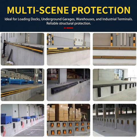 Heavy Duty Rubber Wall Bumper Guards 5 Pack Impact Resistant Loading Dock And Warehouse Safety Shields installed on a concrete wall.