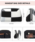 Hella Chic Black And White Piano Key Print Travel Makeup Bag, Durable PVC Cosmetic Pouch For Women, showing size details and interior compartments.