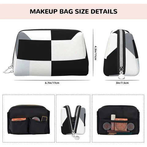 Hella Chic Black And White Piano Key Print Travel Makeup Bag, Durable PVC Cosmetic Pouch For Women, showing size details and interior compartments.