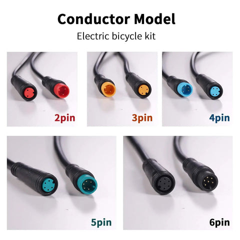 Waterproof Extension Cable Kit For Electric Bicycles 2Pin To 9Pin Connectors showcasing pin variations and colors.