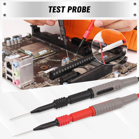 27 Piece Multimeter Test Leads Set With Alligator Clips And Needle Probes, CAT III 1000V CAT IV 600V testing a circuit board