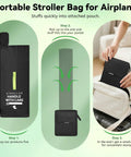 Umbrella Stroller Travel Bag Shield For Airplane Travel folding process, compact storage in a pouch, and packing in a suitcase.