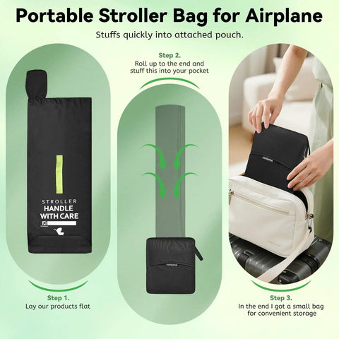 Umbrella Stroller Travel Bag Shield For Airplane Travel folding process, compact storage in a pouch, and packing in a suitcase.