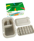 Must-Have Paint Brush Cleaner And Holder With Built-In Palette And Wash Basin For Acrylic, Watercolor, And Water-Based Paints, Compact Portable Organizer In Gray shown with lid and palette compartments