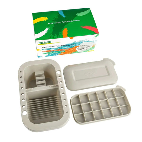 Must-Have Paint Brush Cleaner And Holder With Built-In Palette And Wash Basin For Acrylic, Watercolor, And Water-Based Paints, Compact Portable Organizer In Gray shown with lid and palette compartments