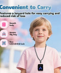 Child wearing Totally Kid Friendly Bluetooth MP3 Player For Kids With 32GB Storage on a lanyard, highlighting compact size.