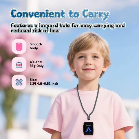 Child wearing Totally Kid Friendly Bluetooth MP3 Player For Kids With 32GB Storage on a lanyard, highlighting compact size.