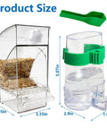 Hassle Free Bird Feeder And Water Dispenser Set Featuring Clear Acrylic Jar And Secure Perch For Parakeets Budgies And Lovebirds dimensions with lid and scoop.