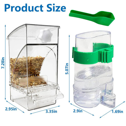 Hassle Free Bird Feeder And Water Dispenser Set Featuring Clear Acrylic Jar And Secure Perch For Parakeets Budgies And Lovebirds dimensions with lid and scoop.