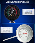 Orion Motor Tech coolant pressure tester kit: black pressure gauge with psi/bar and silver thermometer gauge